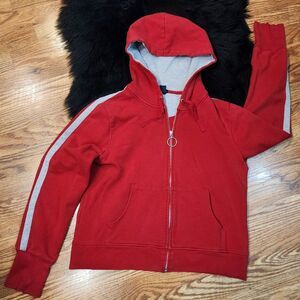 Vintage GAP Stretch Red Zip-up Hoodie With Gray Stripes Size L